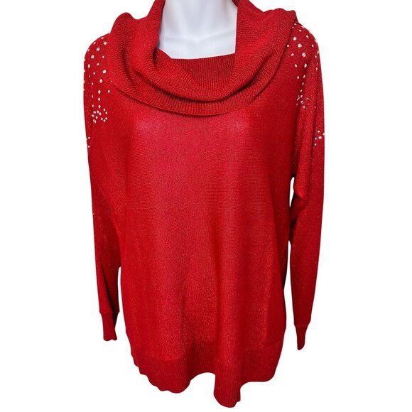 Ruby Rd. Small Womens Red Cowl Neck Sweater With Rhinestone Accents Long Sleeve - Picture 5 of 13